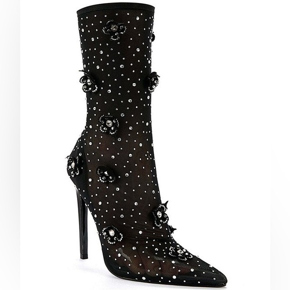 Azalea Wang Smarlowe Floral Appliqued Sheer Mesh Mid Calf Booties | Size 8 - Picture 1 of 14